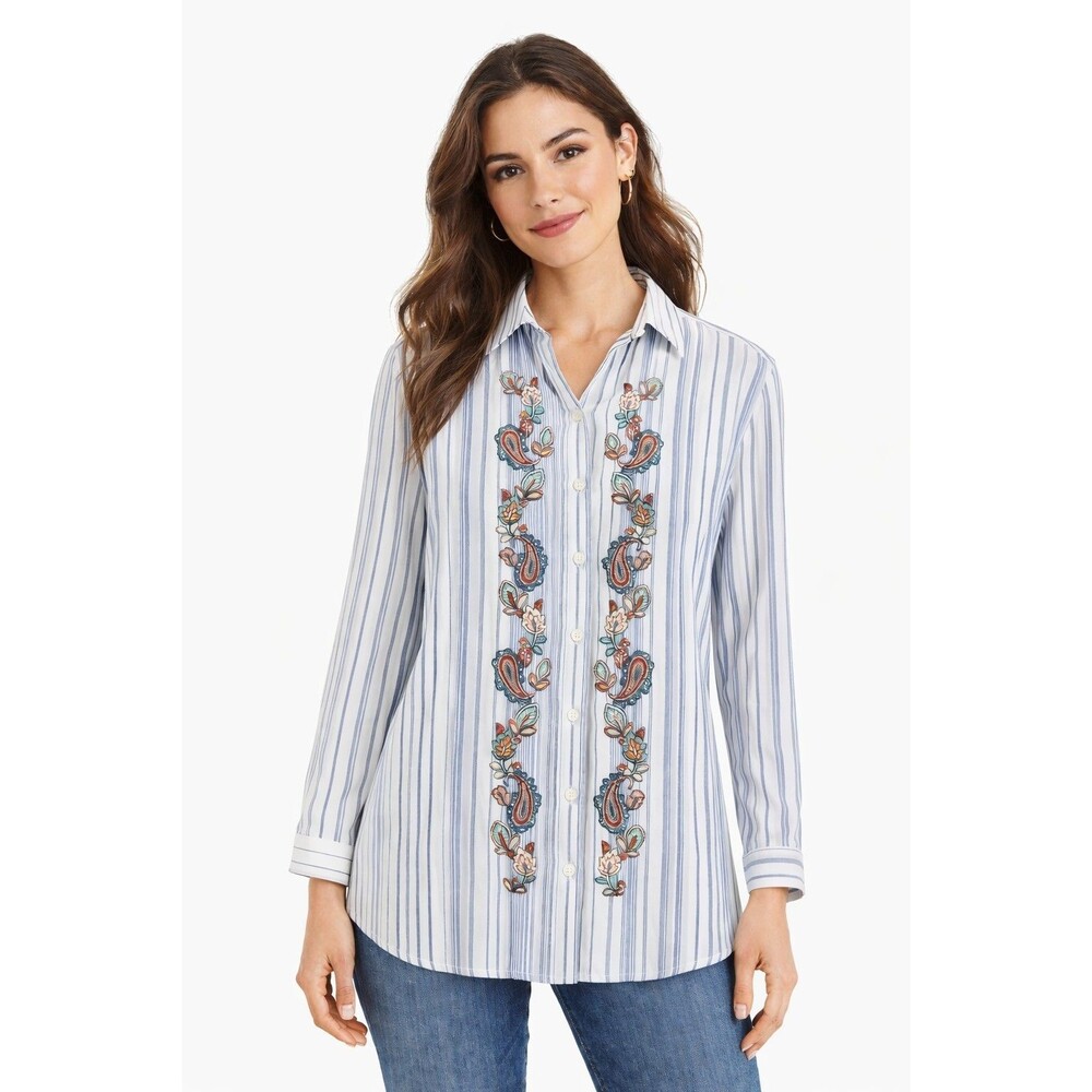 Chicos 2 Womens Large Embroidered Paisley Stripe Button Front Shirt Tunic Boho